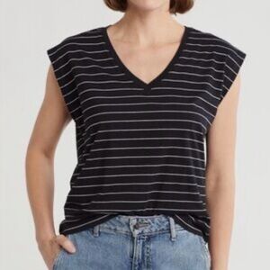 100% Cotton Nordstrom Striped V-Neck Cap Sleeve Top in Black